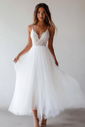 Pizzo Bianco Tulle A Line Tea Lunghezza Abito Laurea